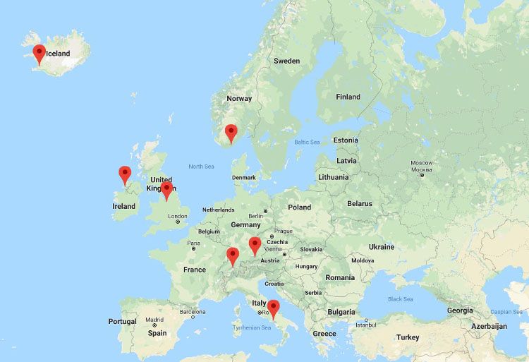 Map of Europe with Motorcycle Trip Destinations